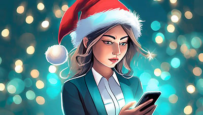 upset white business woman using her phone in a santa hat with christmas lights behind her t