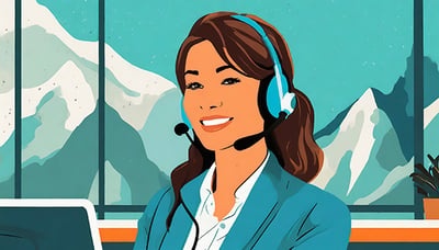 woman in an office wearing a headset in the hues of blue and teal 96667